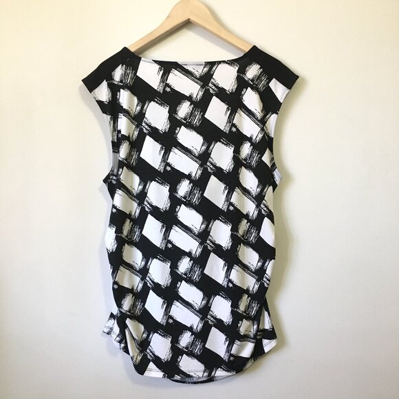 B&W Canadian Spy Movie Paint Blotched Ruched Waist Cowl Neck Tank Top - Picture 2 of 15